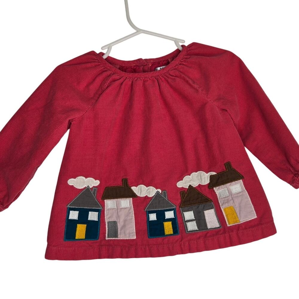 Baby Boden Girl Pink Corduroy Dress House Applique Long Sleeve 6-12 Months